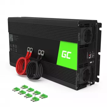 Auto menič napätia Green Cell INV22 – 1500 W, 12 V DC na 230 V AC, 50 Hz, LED, aktívne chladenie, čierna