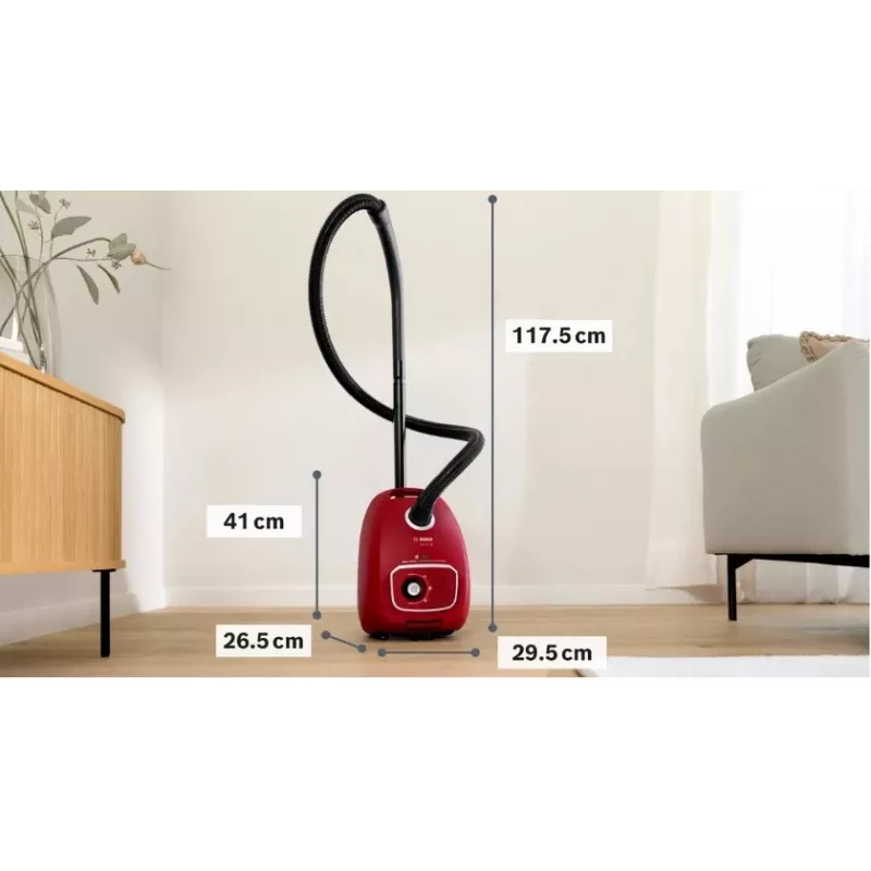 Vysávač Bosch BGB 41RD3H — 600 W, 4 l vrecko, HEPA filter, 11 m akčný rádius, teleskopická trubica, červený