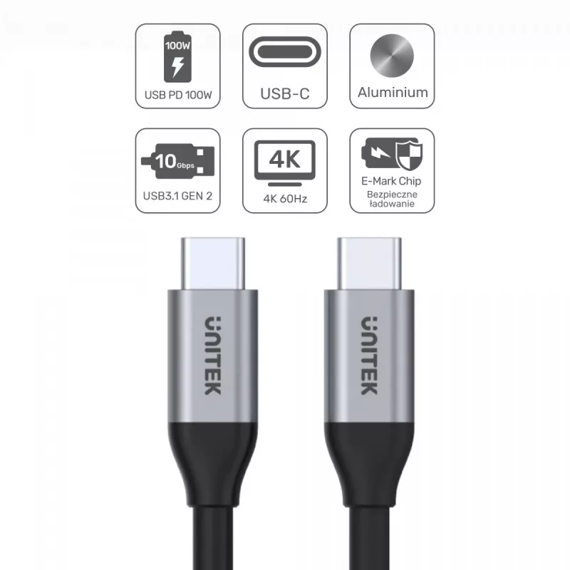 USB-C na USB-C dátový a nabíjací kábel Unitek C14082ABK 1 m, USB 3.2 Gen 2 (10 Gbit/s), 100 W PD, čierny