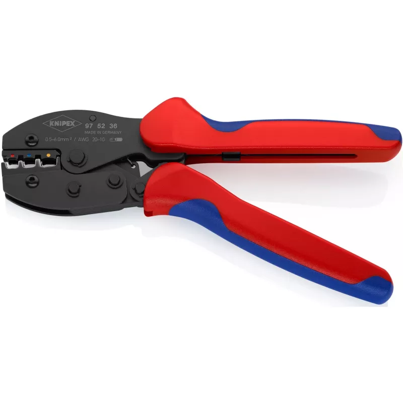 Knipex 97 52 36 PreciForce krimpovacie kliešte 220 mm, 0,5–6,0 mm², 3 krimpovacie hniezda, červené/modré