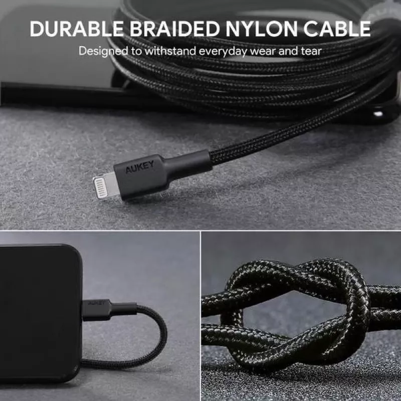 AUKEY CB-AL05 nylonový kábel Lightning na USB-A MFi, 2 m, čierny