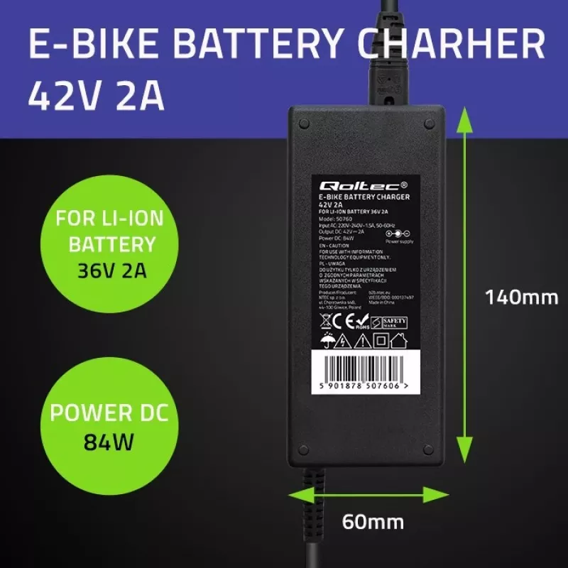Qoltec 50760 nabíjačka pre e-bike batérie 36V | 42V | 2A | 5,5*2,1