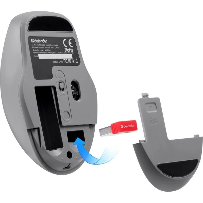 Defender Feam MM-296 52294 bezdrôtová myš, tichý klik, optická, 1600 DPI, USB, mätová