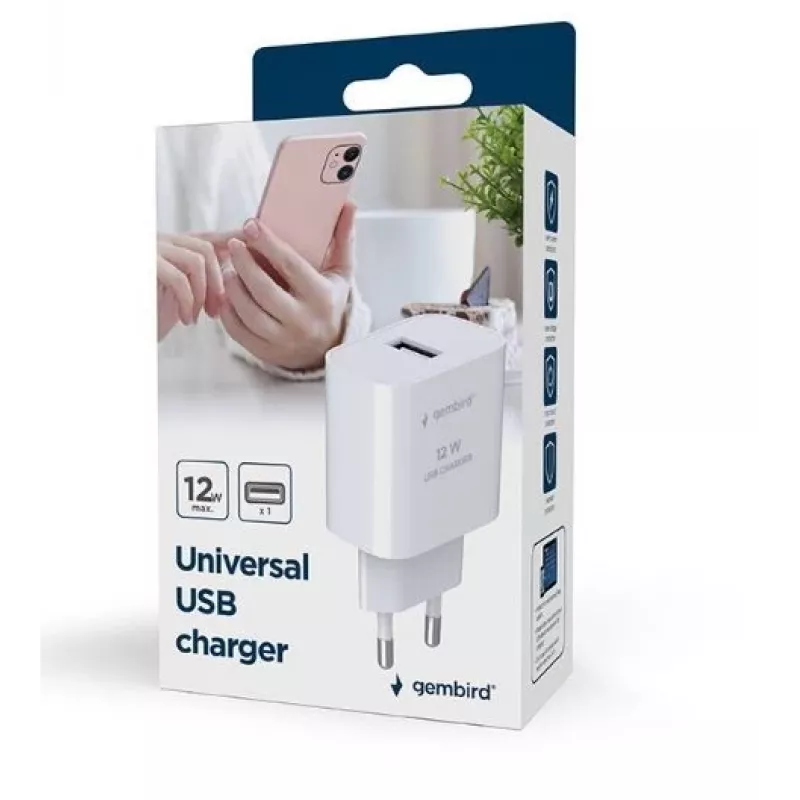 Nabíjačka pre mobilné zariadenia GEMBIRD TA-UC-1A12-01 5V 2.4A 12W USB PD, 1 konektor, biela