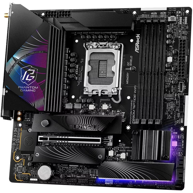 ASRock Phantom Gaming Z890M Riptide WiFi základná doska, Intel Z890, LGA1851, micro ATX, DDR5, do 256 GB, Wi-Fi 6E, Bluetooth, 5GbE LAN, USB4