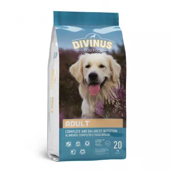 Suché krmivo pre psov DIVINUS Adult 20 kg — hydina, 23 % proteínu, 8 % tuku, 3 % hrubej vlákniny, vhodné pre dospelých psov všetkých plemien