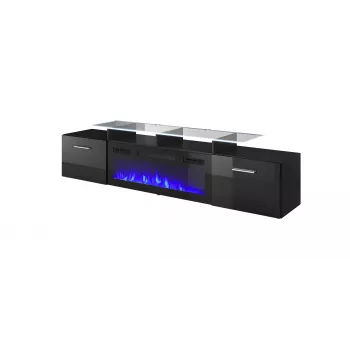 TV skriňa Cama Meble ROVA s elektrickým krbom, 190x37x48 cm, čierna/čierna lesklá