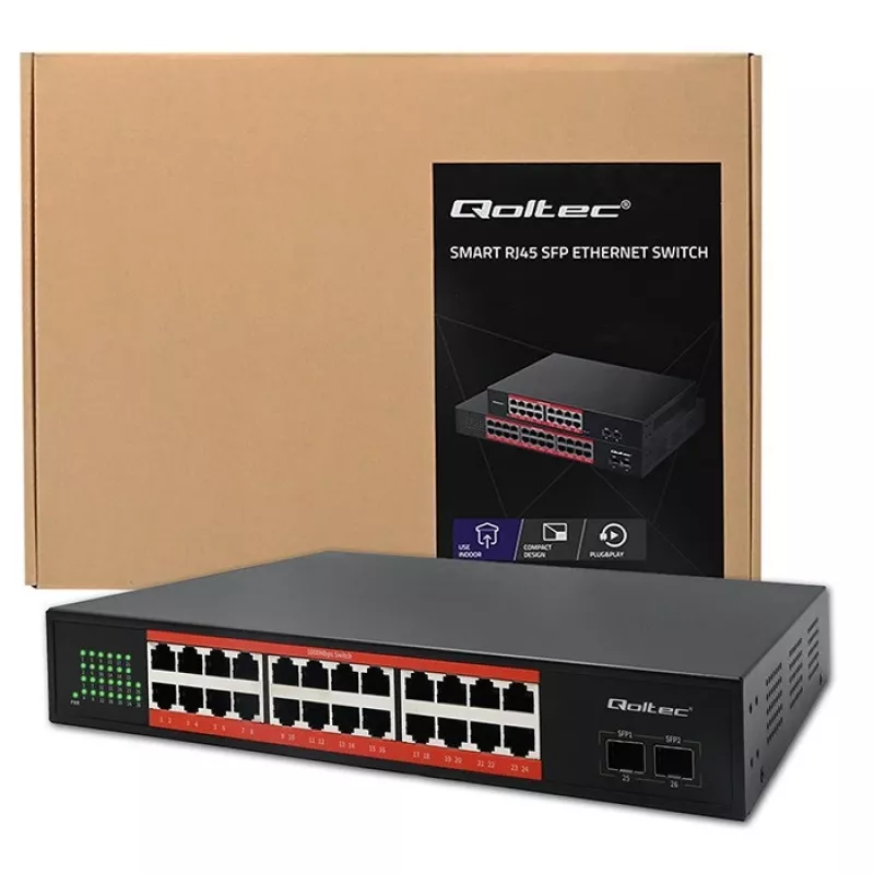 Sieťový switch QOLTEC Gigabit Ethernet PoE 24xRJ45 2xSFP