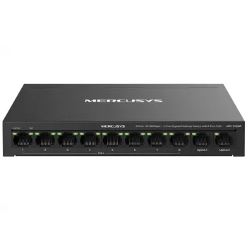 Sieťový switch MERCUSYS MS110CMP — 8-portový PoE, 10 Gigabit RJ‑45 portov celkom, 115 W PoE rozpočet, desktop/nástenná montáž, čierny