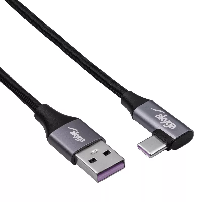 Akyga AK-USB-58 zahnutý kábel USB-C na USB-A, 30 cm, 60 W, pletený, čierny
