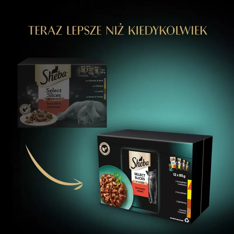 Mokré krmivo pre mačky Sheba Moist, vrecúško 12×85 g (1020 g), kurča a jahňacina, dospelé