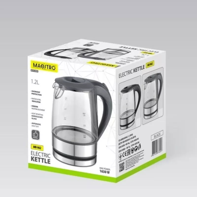 Maestro MR-062-BLACK elektrická sklenená kanvica, 1630 W, 1,2 L