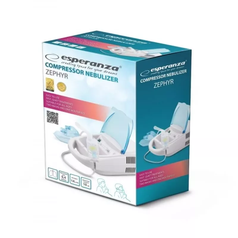 Stolný nebulizér ESPERANZA ECN002 — rozprašovanie 0,4 ml/min, objem 10 ml, maska pre dospelých a deti, náustok, 220 V