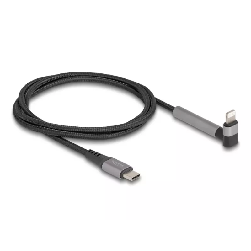 USB Type-C na Lightning nabíjací a dátový kábel s uhlovým konektorom a funkciou stojana, DELOCK 1,5 m, 9 V 3 A (MFi)