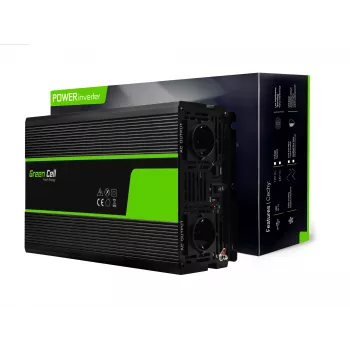 Auto menič napätia Green Cell INV22 – 1500 W, 12 V DC na 230 V AC, 50 Hz, LED, aktívne chladenie, čierna
