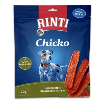 Pamlsky pre psov RINTI Chicko Rabbit 170 g — hypoalergénne tréningové pamlsky s králičou príchuťou, bielkoviny 53 %, tuky 8 %