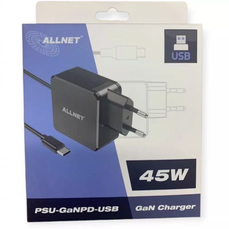 Napájací zdroj ALLNET PSU-GaNPD-USB-F1C-45W 45W USB-C PD nabíjačka s 2 m káblom a EU konektorom