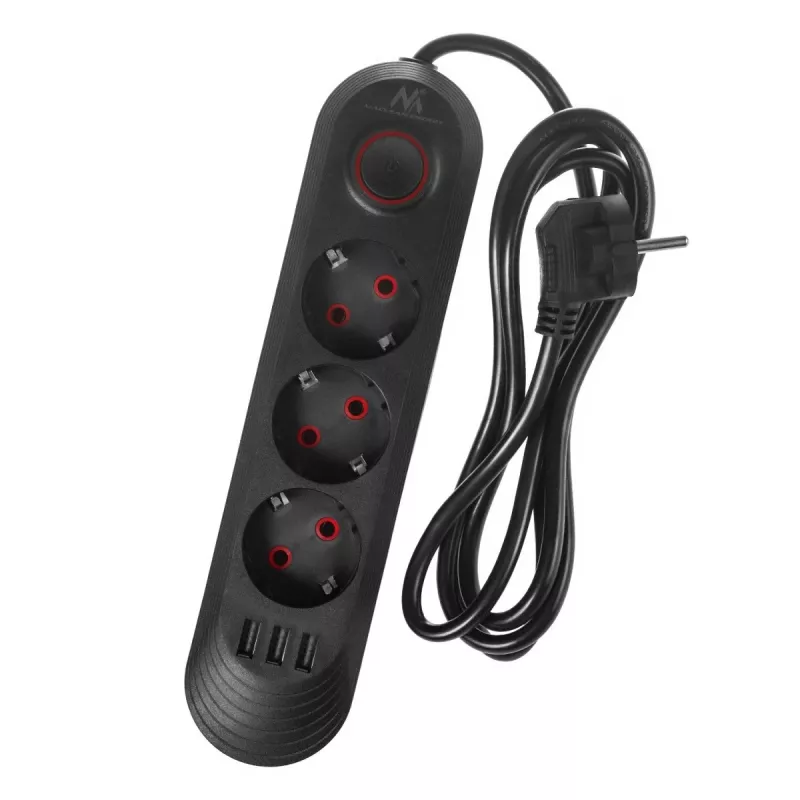 Predlžovacia zásuvka MACLEAN MCE394 B — 3 zásuvky + 3×USB A, 110–240V, 2,1A USB, 2500W, 1,5 m kábel, čierna