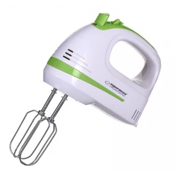 Ručný mixér ESPERANZA EKM011 — 400 W, 5 rýchlostí, turbo, hnetacie háky a metly, 220–240 V, biela/svetlozelená