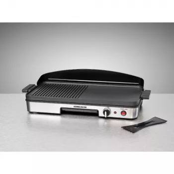 Elektrický stolný gril Rommelsbacher BBQ 2003 — 1900 W, 50×25 cm, rebrovaný + Teppanyaki, plynulý termostat, strieborná/čierna