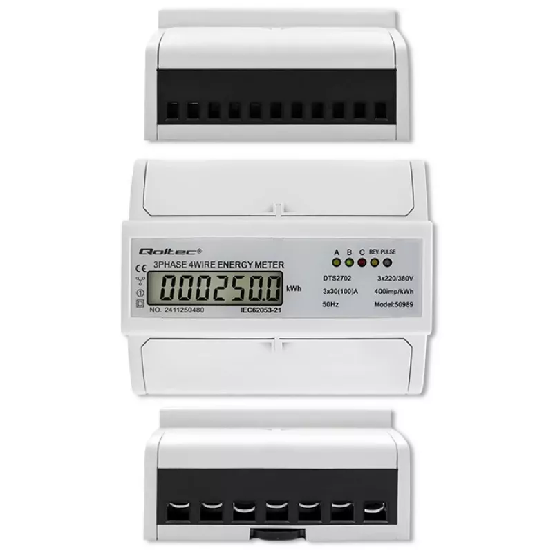 Qoltec trojfázový obojsmerný elektronický merač | DIN lištový merač spotreby energie | 400V | 100A | LCD | 4P