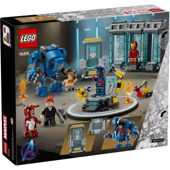 LEGO Marvel Iron Man laboratórium zbrojnica 76315 stavebnica – 384 dielikov, 5 minifigúrok, prezentačná plocha