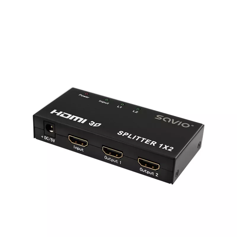 HDMI video rozbočovač SAVIO CL-42 — 2x HDMI výstupy, 1920x1080, 36-bitová farba, kovové puzdro, 5V/1A