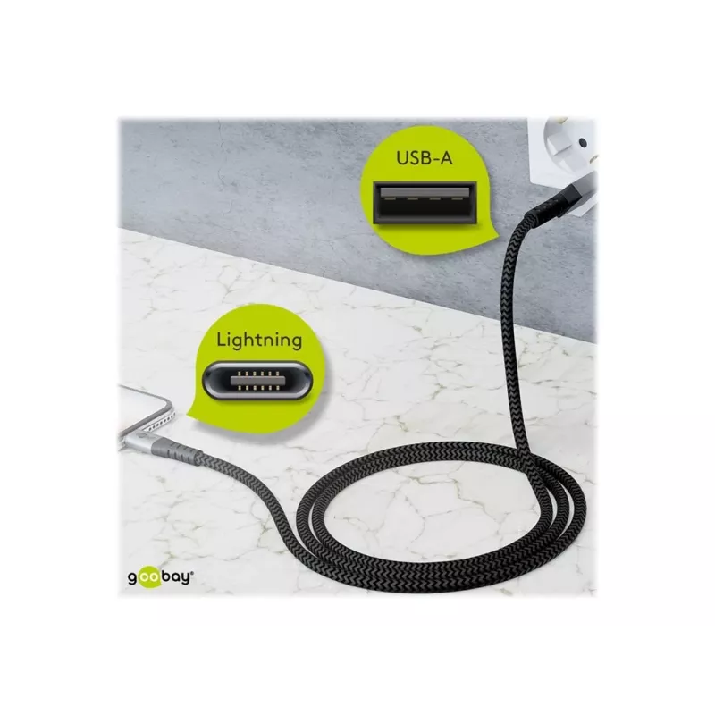 Goobay 49269 kábel USB-A – Lightning, 2 m, textilný oplet, kovové konektory, certifikácia MFi, USB 2.0, vesmírne sivá/strieborná
