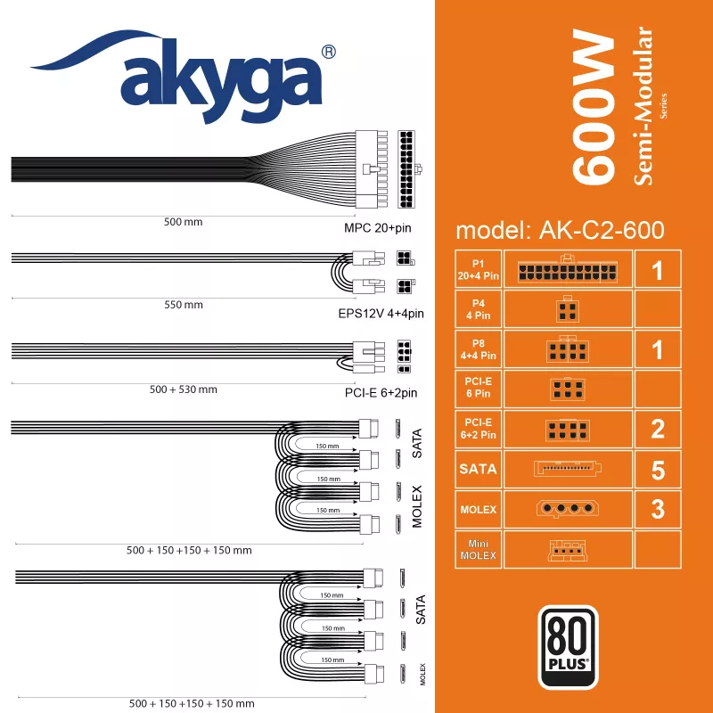 Akyga AK-C2-600 Classic 600 W ATX napájací zdroj, čiastočne modulárny, aktívne PFC, 120 mm ventilátor