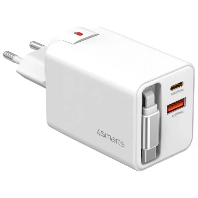 4smarts 541065 GaN Flex Jojo 65W sieťová nabíjačka, 2x USB-C PD + USB-A QC 3.0, zaťahovací USB-C kábel, 100-240V, biela