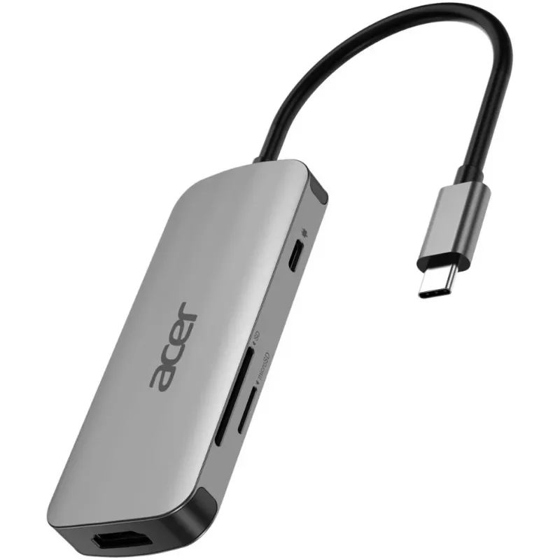 7-in-1 USB-C dongle Acer — USB 3.2 Gen 1 Type-C, 3x USB-A, HDMI, SD/MicroSD, 100W PD, strieborná
