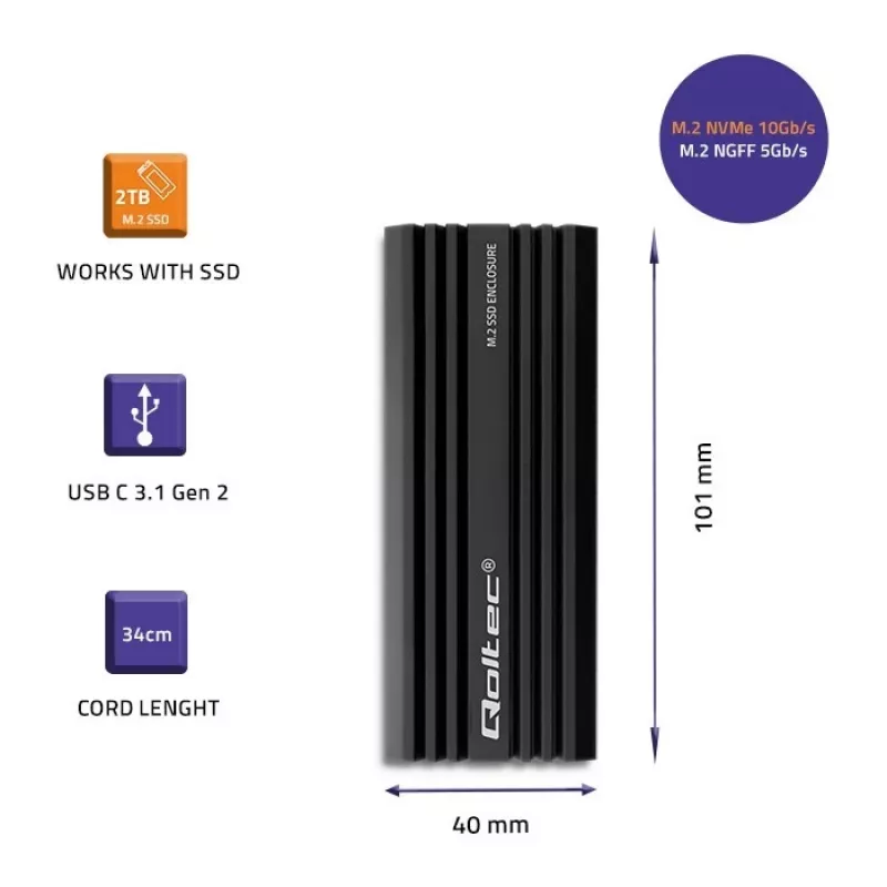 Externé SSD puzdro QOLTEC NV2270 pre M.2 SATA/NVMe disky, USB-C, až do 2 TB