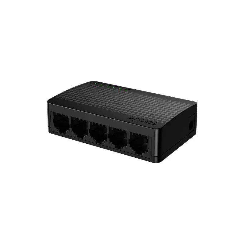 Sieťový switch TENDA SG105M — 5-portový gigabitový Ethernet (10/100/1000), čierny, desktopová/nástenná montáž