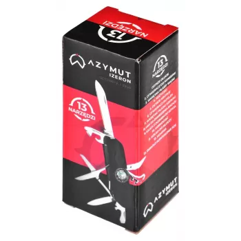 Vreckový nôž AZYMUT Izeron Multitool — 13 nástrojov, ušľachtilá oceľ 420J2/3CR13, zložený 9 cm, 91 g, kožené puzdro na opasok, integrované svetlo a kompas
