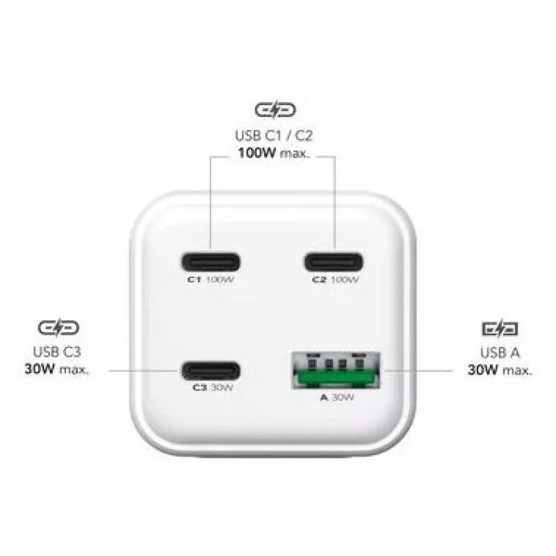 MediaRange MRMA124 mobilná nabíjačka 100W AC, 3x USB-C, 100–240V vstup, 1,5 m kábel, biela