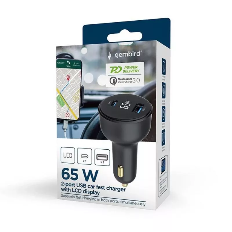 MOBILNÁ NABÍJAČKA AUTO USB 2PORT/TA-UC-AC2PD30LCD-CAR01 GEMBIRD