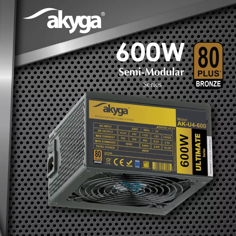 Akyga Ultimate AK-U4-600 ATX napájací zdroj 600 W, 80 PLUS Bronze, aktívne PFC, 120 mm ventilátor