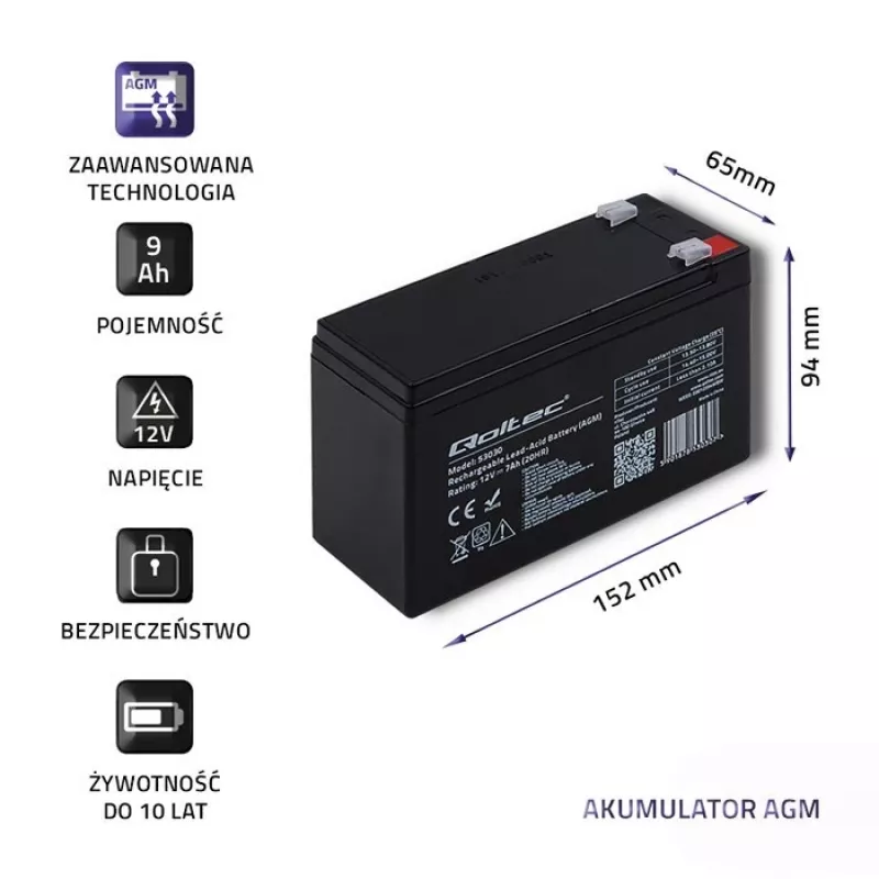 UPS batéria QOLTEC 53031 12V 9Ah zelená, 152×94×65 mm, 2,35 kg
