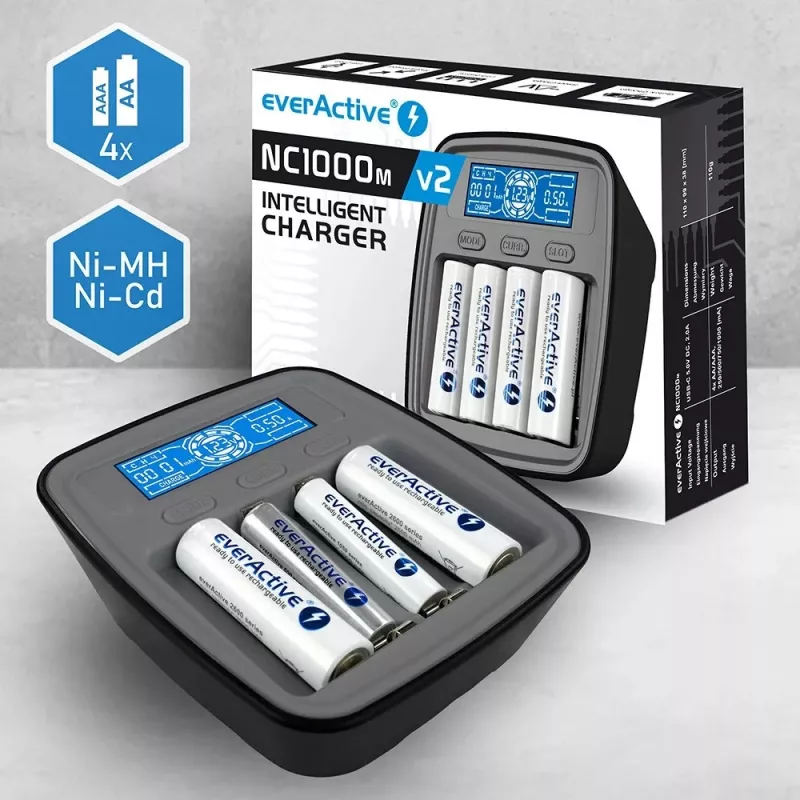 everActive NC-1000M V2 nabíjačka batérií, Ni-MH, 4 sloty AA/AAA, USB-C, čierna