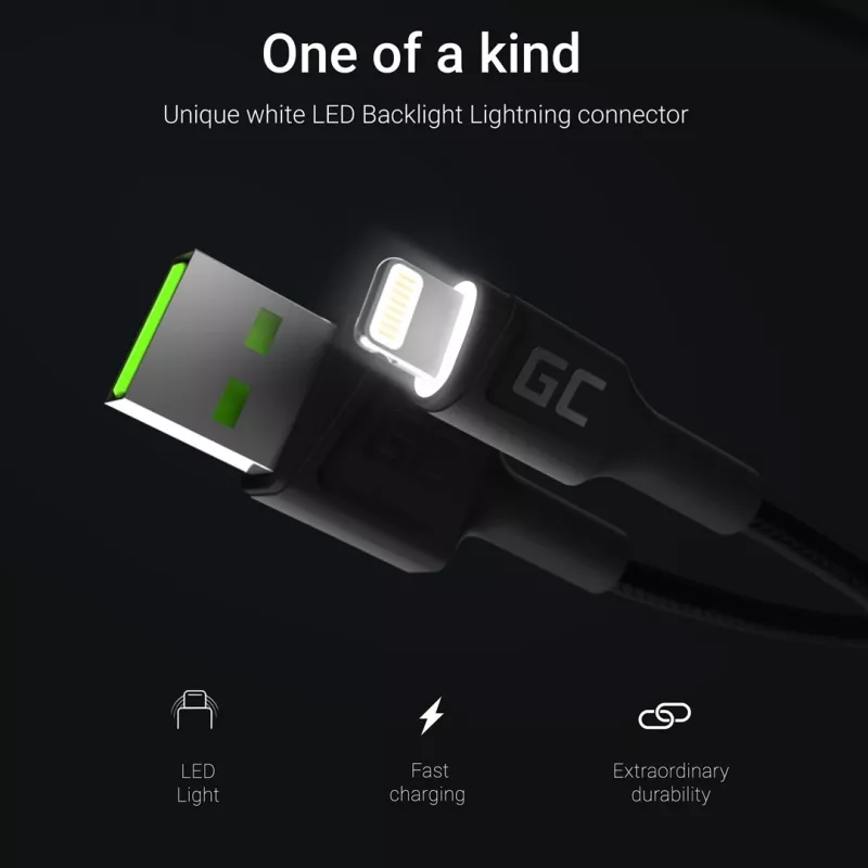Lightning na USB-A kábel Green Cell KABGC12, 2 m, Lightning – USB A, čierny