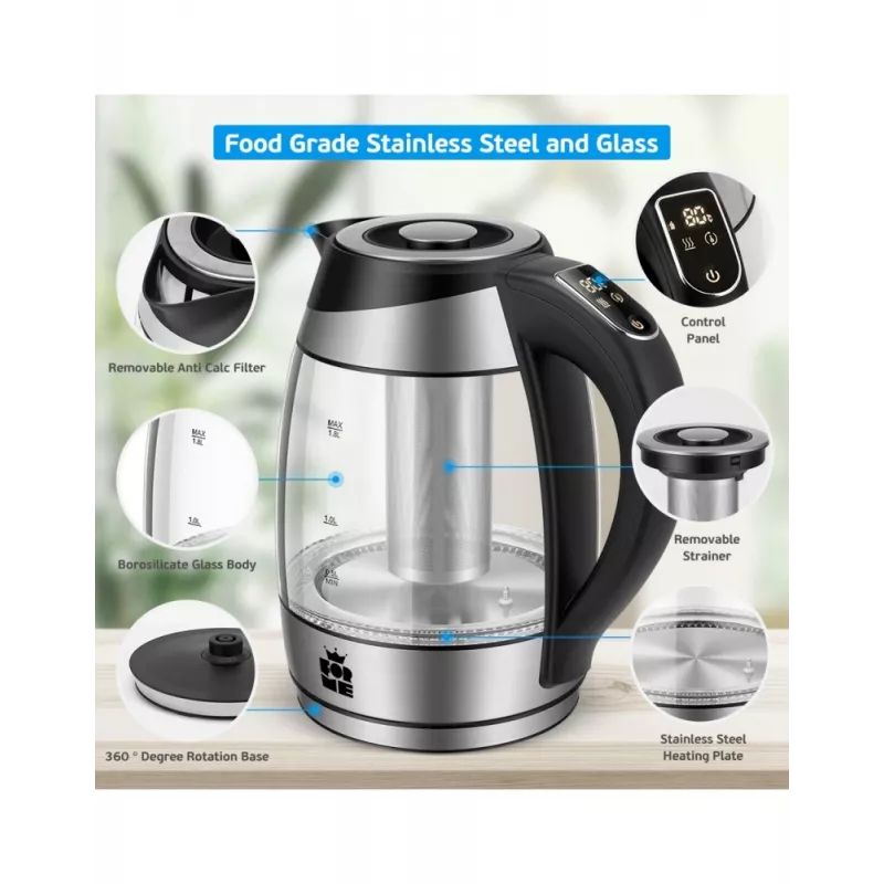 Forme FKG-448 sklenená elektrická kanvica, 1,8 l, 2200 W, regulácia teploty, sivá