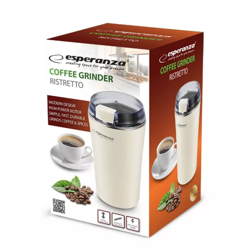 Kávomlynček s nerezovým nožom ESPERANZA EKC008W, 160 W, kapacita 70 g, priemer 8,7 cm, výška 17 cm, biely
