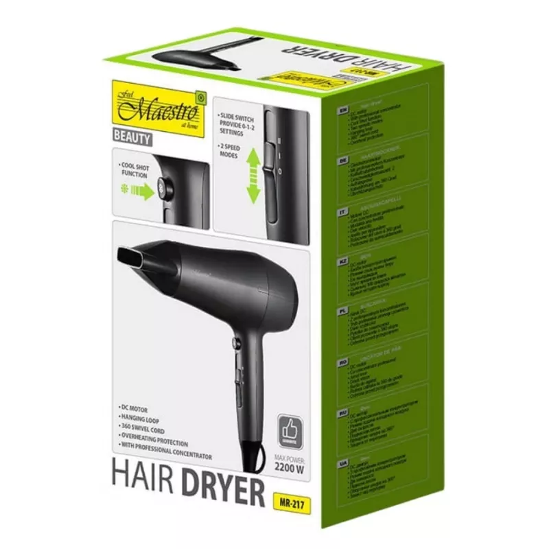 Fén Maestro MR-217 2200 W, DC motor, 2 rýchlosti, studený vzduch, stylingová tryska, čierno-grafitový