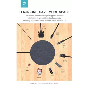 Devia UFO USB-C hub 10v1 s bezdrôtovou nabíjačkou, sivý