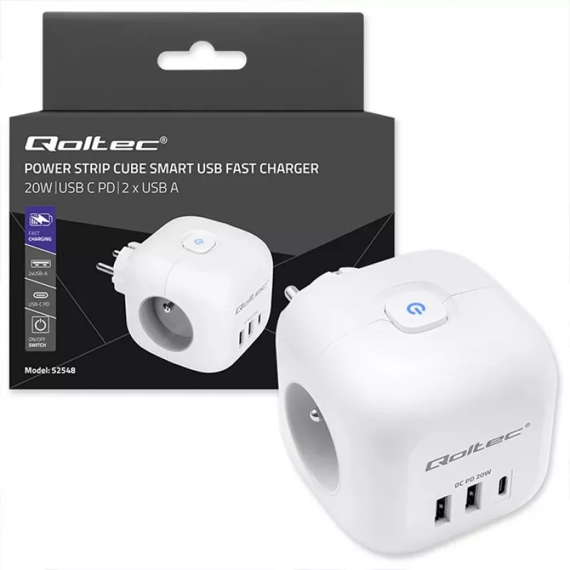 Predlžovacia zásuvka QOLTEC 52548 s 3× AC zásuvkami a USB portom