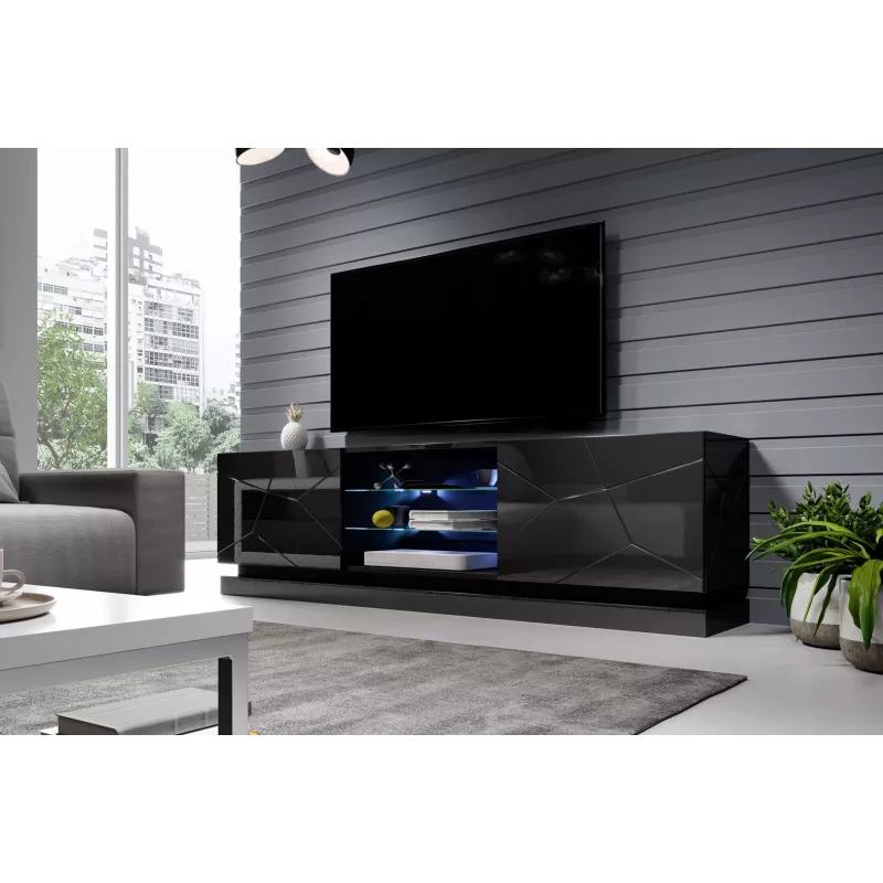Cama TV skrinka QIU 200 MDF čierna lesklá/čierna lesklá