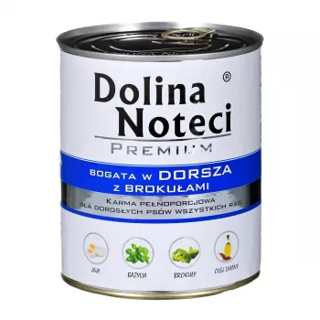 Mokré krmivo pre psov dolina noteci Premium – treska a brokolica, 800 g, dospelé psy, bez obilnín, bezlepkové