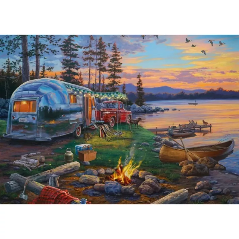 Puzzle schmidt spiele 58533 — 1000 dielikov, 'Camping-Idyll am See' ilustrácia krajiny