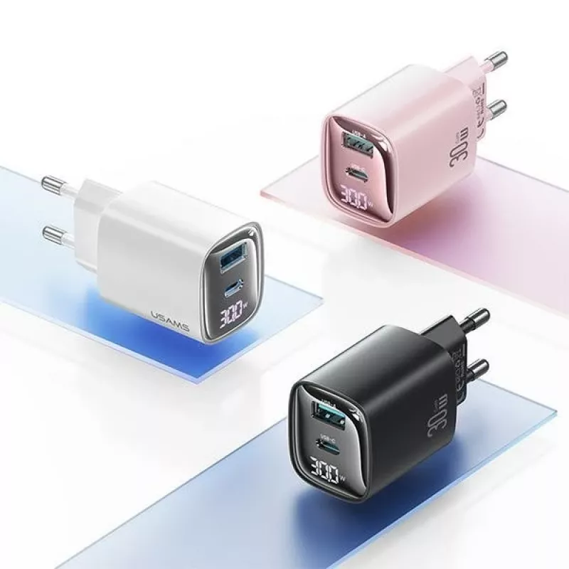 USB a USB-C 30W GaN rýchlonabíjačka usams CC229 biela — LED indikátor, kompaktný dizajn