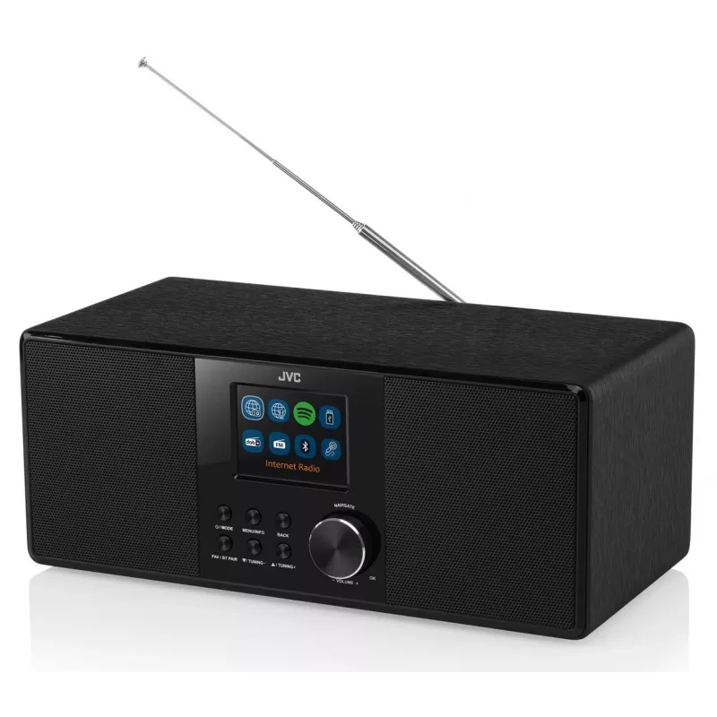 Internetové rádio JVC RA-E981B — Wi‑Fi & Bluetooth streaming, DAB+, FM, 2x5W, 40 pamätí staníc, USB, AUX, LCD displej